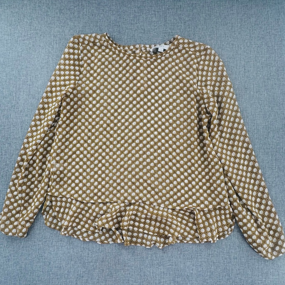 Ann Taylor LOFT Sheer Blouse Relaxed Fit Small Ruffled Hem Round Neck Long Sleev